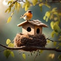 Lovely bird on a birdhouse - ai generated image