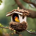 Lovely bird on a birdhouse - ai generated image