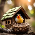 Lovely bird on a birdhouse - ai generated image Royalty Free Stock Photo