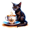 Lovely black kitten with a cup of fresh steaming coffe