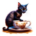 Lovely black kitten with a cup of fresh steaming coffee