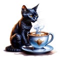 Lovely black kitten with a cup of fresh steaming coffee