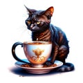 Lovely black kitten with a cup of fresh steaming coffee