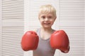 Lovely blond boy in red boxing gloves. Sports concept