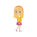 Lovely blonde cartoon girl character in yellow jacket and pink skirt, cute kid in fashionable clothes vector