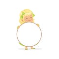 Lovely blonde girl character with white circle empty message board, kid standing behind placard vector Illustration Royalty Free Stock Photo