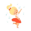 Lovely Blonde Girl Singing and Dancing, Adorable Kid Having Fun and Enjoying Listening to Music Cartoon Vector