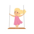 Lovely blonde girl swinging on a rope swing, little kid having fun outdoor vector Illustration on a white background