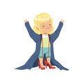 Lovely blonde girl wearing dult oversized clothes and red high heels, kid pretending to be adult vector Illustration