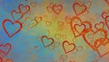 Lovely blue yellow cloudy background with many falling  burgundy red grunge overlapping hearts, Valentine`s Day Royalty Free Stock Photo