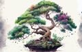 Beautiful bonsai tree in colorful watercolor illustration