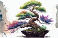 Beautiful bonsai tree in colorful watercolor illustration