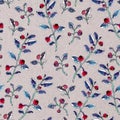 Lovely botanical seamless beige background with cranberries, red berry. Nordic berries. Hand-drawing texture. Use for textile