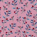Lovely botanical seamless pink background with cranberries, red berry. Nordic berries. Hand-drawing texture. Use for