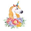 Lovely bouquet with peony,rose,leaves,flowers,branches and cute unicorn.