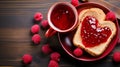 Heart shaped jam toast with tea and fresh raspberries. Generative AI Royalty Free Stock Photo