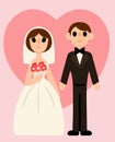 Lovely bride and groom on background of pink big heart. Colored background. Vector illustration. Design element.