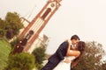 Lovely bride and groom in front of church