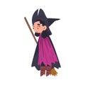 Lovely Brunette Girl Witch Standing with Broomstick Cartoon Style Vector Illustration Royalty Free Stock Photo