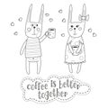 Lovely bunnies are drinking coffee. Black and white vector illustration.