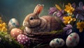 Lovely bunny easter fluffy baby rabbit with a basket full of colorful easter eggs on green garden nature background