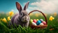 Lovely bunny easter fluffy baby rabbit with a basket full of colorful easter eggs on green garden nature background