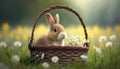 Lovely bunny easter fluffy baby rabbit with a basket full of colorful easter eggs on green garden nature background