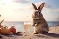 Lovely bunny easter fluffy baby rabbit with drink on seaside with coast shells nature background Royalty Free Stock Photo