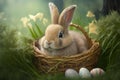 Lovely bunny easter fluffy rabbit sitting in a basket. Adorable baby rabbit on green garden nature background. Ai generated