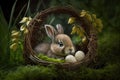 Lovely bunny easter fluffy rabbit sitting in a basket. Adorable baby rabbit on green garden nature background.