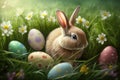 Lovely bunny easter fluffy rabbit sitting in grass. Adorable baby rabbit with Easter eggs on green garden nature background.