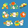 Lovely Bunny Flower Colorful Vector Illustration Set