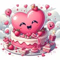 Lovely cake. 2d cartoon pinky cake with heart on the white cloudy background Royalty Free Stock Photo