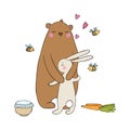 Lovely cartoon bear and hare. A pot of honey, carrots and bees. Happy animals. objects on white background. Royalty Free Stock Photo