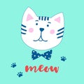 Lovely cartoon cat and inscription Meow. Vector illustration in a hand-drawn style.