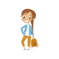 Lovely cartoon girl character in blue jacket and trousers, cute kid in fashionable clothes vector Illustration on a