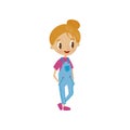Lovely cartoon girl character in denim overalls, cute kid in fashionable clothes vector Illustration on a white