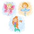 Lovely cartoon girl in different costumes butterfly, ballerina and a mermaid. Vector