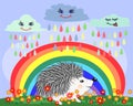 Lovely cartoon hedgehog near a seven-colored rainbow and a ladybird on a spring, summer Royalty Free Stock Photo