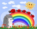 Lovely cartoon hedgehog near a seven-colored rainbow and a ladybird on a spring, summer Royalty Free Stock Photo