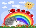 Lovely cartoon hedgehog near a seven-colored rainbow and a ladybird on a spring, summer Royalty Free Stock Photo