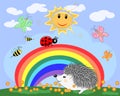 Lovely cartoon hedgehog near a seven-colored rainbow and a ladybird on a spring, summer Royalty Free Stock Photo