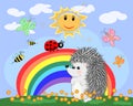 Lovely cartoon hedgehog near a seven-colored rainbow and a ladybird on a spring, summer day. Royalty Free Stock Photo