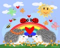 Lovely cartoon hedgehog near a seven-colored rainbow and a ladybird on a spring, summer Royalty Free Stock Photo