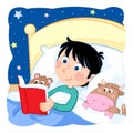 Bedtime - Daily routine - Little boy reading book in his bed Royalty Free Stock Photo