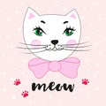 Lovely cartoon kitty and inscription Meow. Vector illustration in a hand-drawn style.