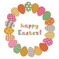 Lovely cartoon postcard with round frame with Easter eggs in bright colors and lowercase lettering Happy Easter Royalty Free Stock Photo