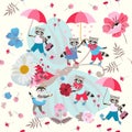 Lovely cartoon raccoons and kitty with umbrellas and flowers on a large blue butterfly. Seamless pattern for children. Royalty Free Stock Photo