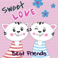 Lovely cartoon two cats with text sweet love on pink background. Royalty Free Stock Photo