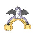 Cute lovely cartoon vector bat unicorn sitting on halloween rainbow